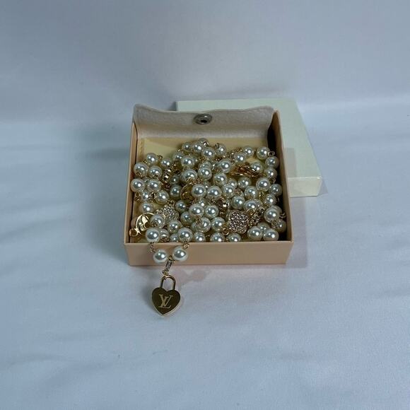 Louis Vuitton Jewelry - Louis Vuitton Simulated White Pearl Gold Rhinestone Necklace